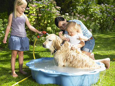 孩子不合群母亲女儿和儿子给狗洗澡背景
