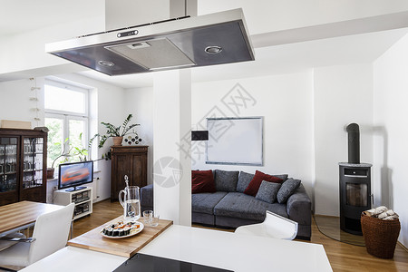 现代开放式公寓客厅和厨房现代的高清图片素材