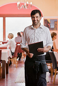 德国餐厅拿着菜单的服务员画像背景