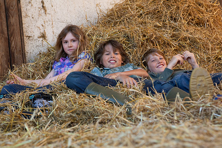 三个孩子在干草里休息男性和女性高清图片素材