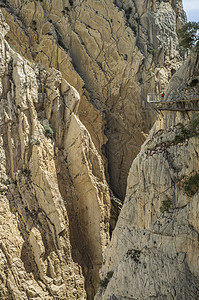 卡米尼托·德尔雷西班牙马拉加El Chorro Caminito del Ray陡峭峡谷的俯视图背景