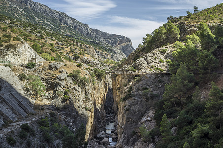 卡米尼托·德尔雷西班牙马拉加El Chorro Caminito del Ray河和峡谷的俯视图背景