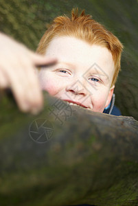 微笑的男孩爬树图片