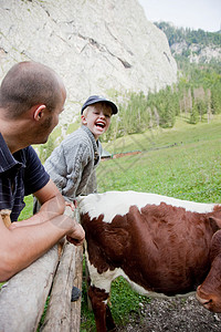 扮演奶牛的男孩男孩在田野边笑背景
