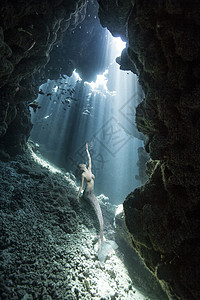 海洋苗条美人鱼从海洞往上看的美人鱼的水下景色背景