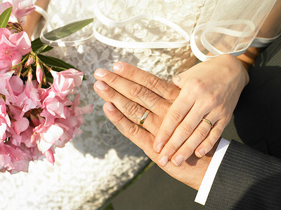 新娘和新郎手上戴着结婚戒指快乐高清图片素材