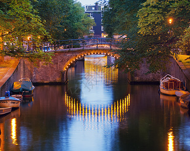 荷兰阿姆斯特丹运河大桥黄昏时灯火通明图片