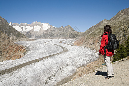瑞士阿莱奇冰川附近的徒步旅行者图片