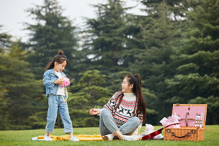 温馨母女草坪上嬉闹背景