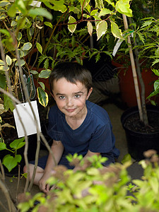 男孩坐在植物之间一个人高清图片素材