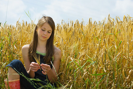 坐在麦地里的女孩图片