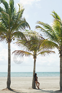 海滩上棕榈树旁的年轻女子背景图片