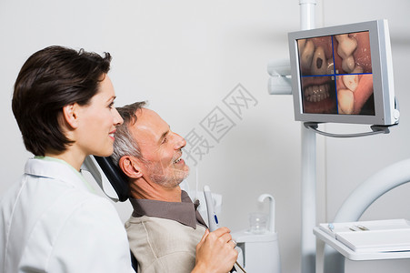 牙医与病人看监视器背景图片