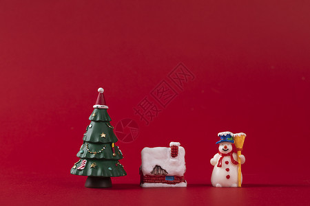 迷你圣诞树圣诞树雪房子雪人模型背景