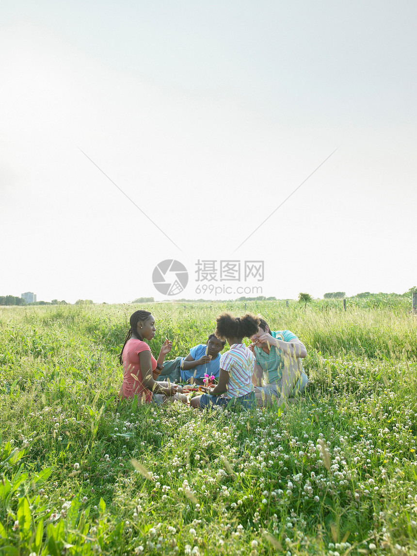 一家人坐在花田里图片