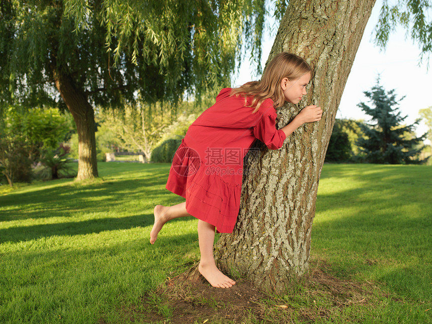 躲在树后的小女孩图片