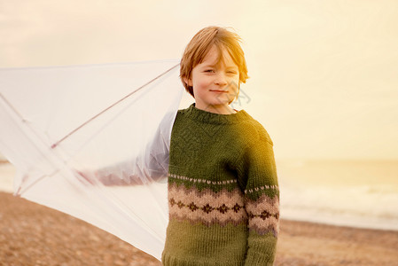 海滩上拿着风筝的小男孩在户外高清图片素材