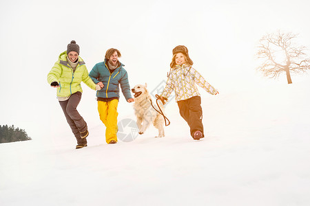 一家人和狗在雪上奔跑白种人高清图片素材