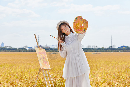 油画写生文艺清新美女户外写生背景