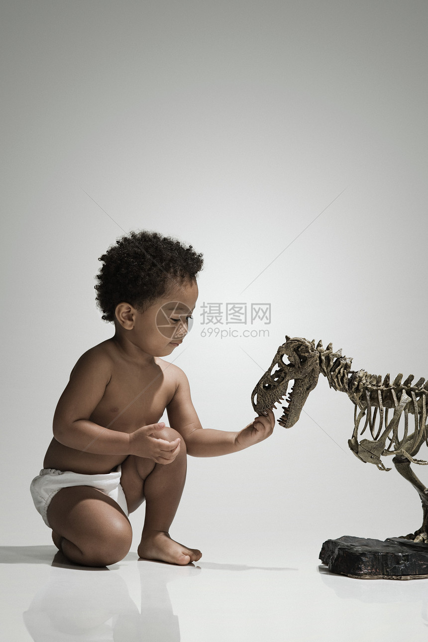 玩恐龙骨架的男孩图片
