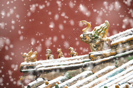 红色雪景北京故宫红墙琉璃瓦雪景背景