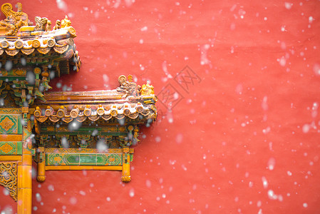 红色雪花北京故宫红墙的雪景背景