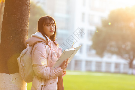 夕阳下的女大学生校园高清图片素材