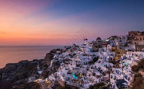 夜景海景希腊海岛圣托里尼日落景观小镇伊亚背景