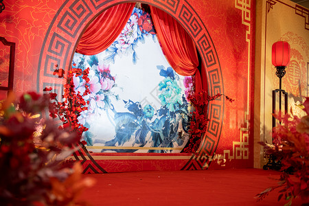 红色中式舞台中式婚礼场景背景