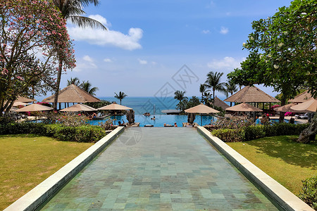 巴厘岛网红秋千巴厘岛明星酒店无边游泳池和自然风光背景