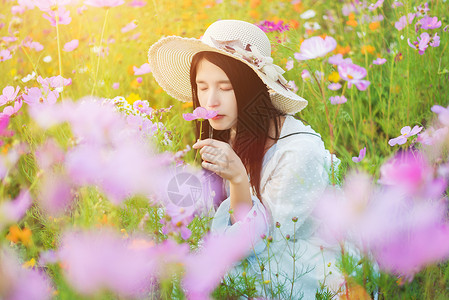 花香少女花海少女闻花香背景