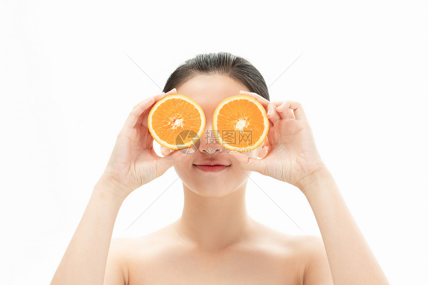 美妆少女与橙子切片图片