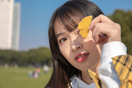 珍惜眼前人把银杏叶挡在眼前的女大学生背景