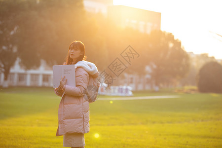 夕阳下的女大学生读书侧影背景图片