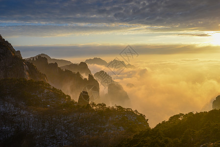 逆光素材安徽黄山日落美景背景