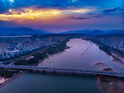 夕阳下的福州闽江大桥夜景高清图片素材