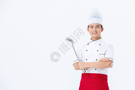 叉勺罐刀手持大勺的厨师形象背景