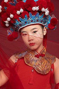 中国风国潮儿童红纱特写图片