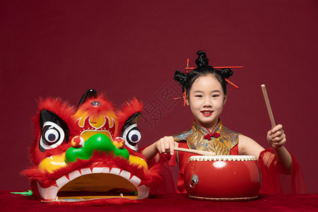 打鼓女孩中国风潮流儿童打鼓背景