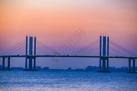 背景素材夕阳青岛胶州湾跨海大桥斜拉桥背景