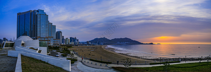 青岛石老人海水浴场日出时全景大气高清图片素材