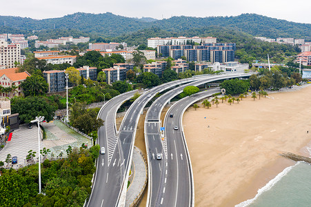 航拍厦门白城路段演武大桥分流背景