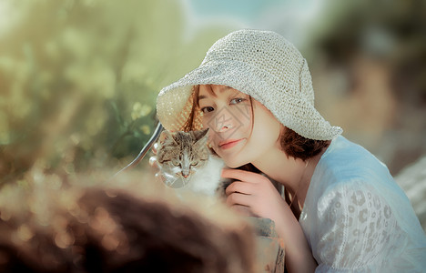 猫与花卡通图春游美女与猫咪背景