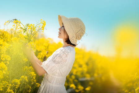 花海女孩唯美油菜花春游白裙美女背景