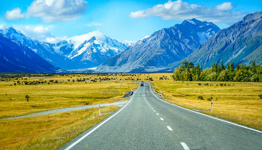 自驾游旅游雪山下的公路新西兰自驾风光背景