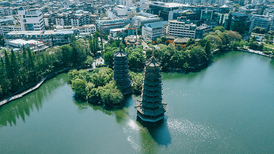 航拍桂林两江四湖日月双塔风景城市背景