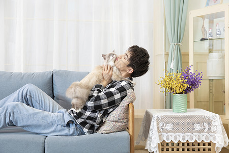 坐在沙发上抱着猫的男孩背景图片