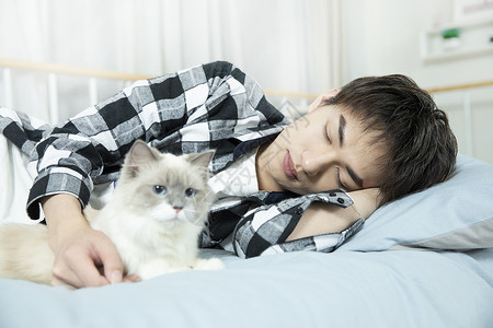 抱着布偶猫睡觉的居家男孩图片