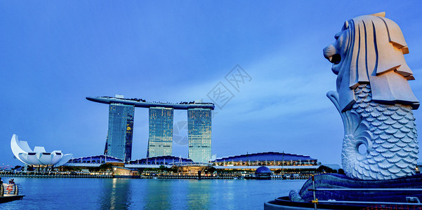 邮票风建筑台历新加坡的标志性建筑鱼尾狮背景