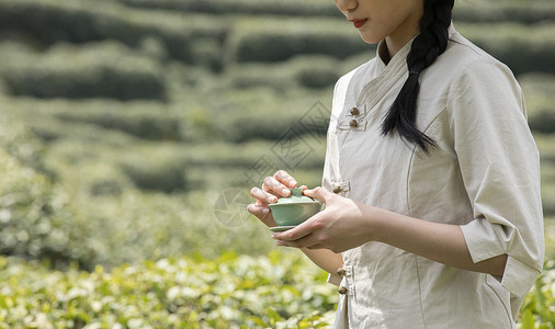 茶园里的采茶姑娘拿着茶杯特写图片素材